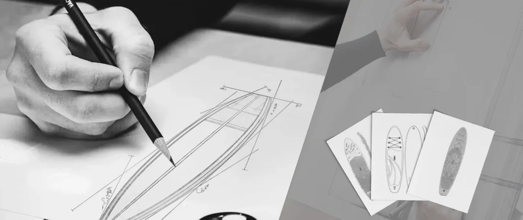 Close-up of a hand sketching a product design on paper with a pencil, showing technical drawings and product concepts.
