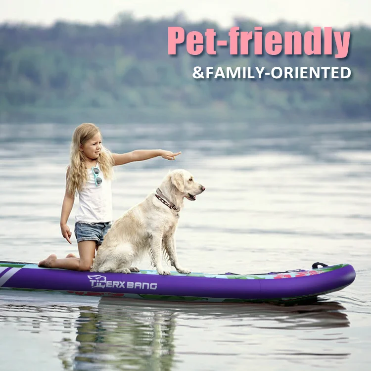Young girl with long hair pointing outward while sitting on a paddleboard with a golden retriever on a calm lake.