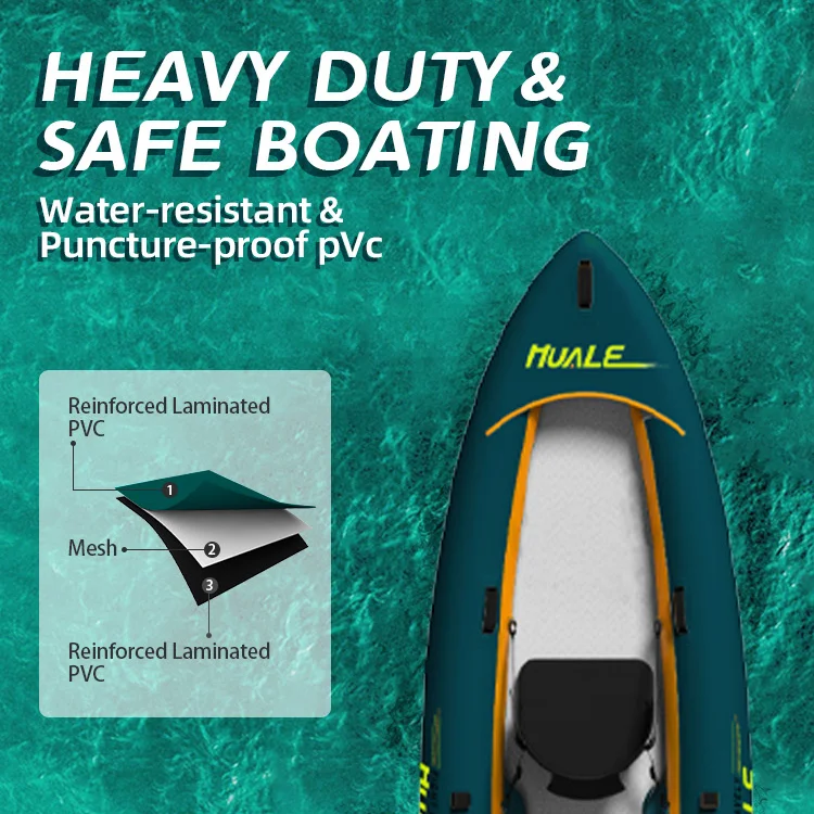 A heavy-duty kayak on water, showcasing reinforced laminated PVC construction for durability and puncture resistance.