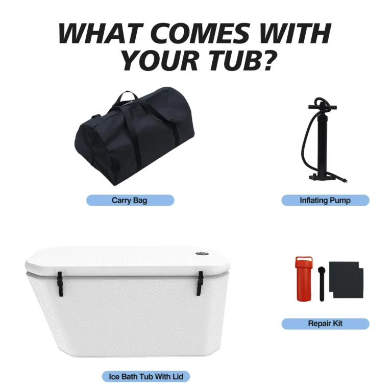 An ice bath tub with included accessories: carry bag, inflating pump, and repair kit. Displayed with item labels.