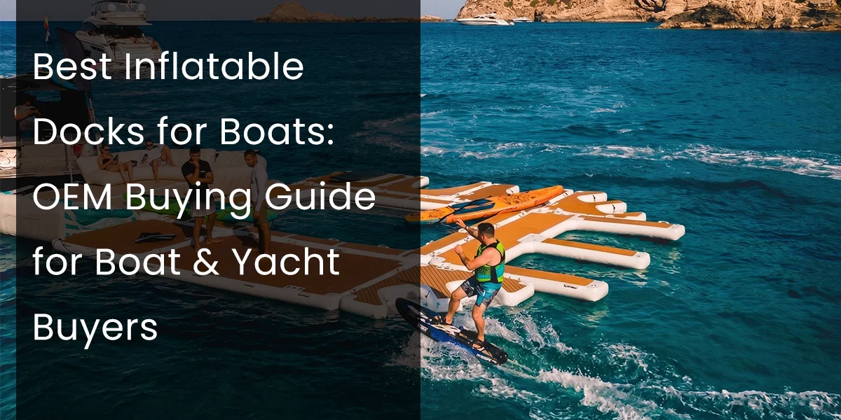 Two people enjoying an inflatable dock on a sunny day with yachts in the background, surrounded by blue ocean waters.