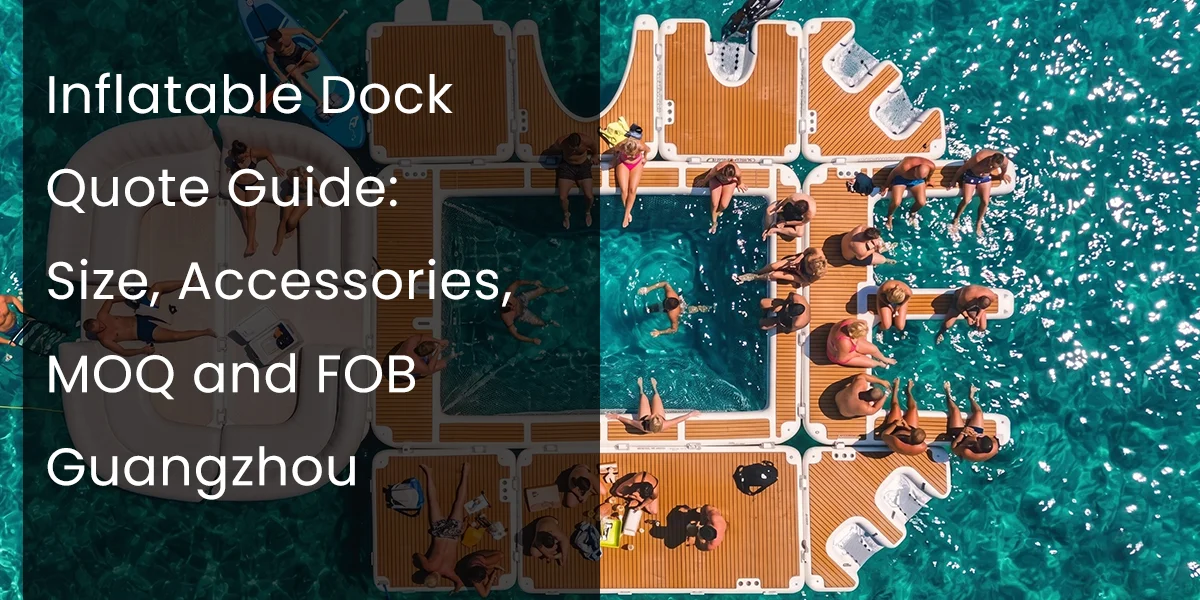 Aerial view of an inflatable dock assembled on turquoise waters, with people lounging and swimming under sunny conditions.