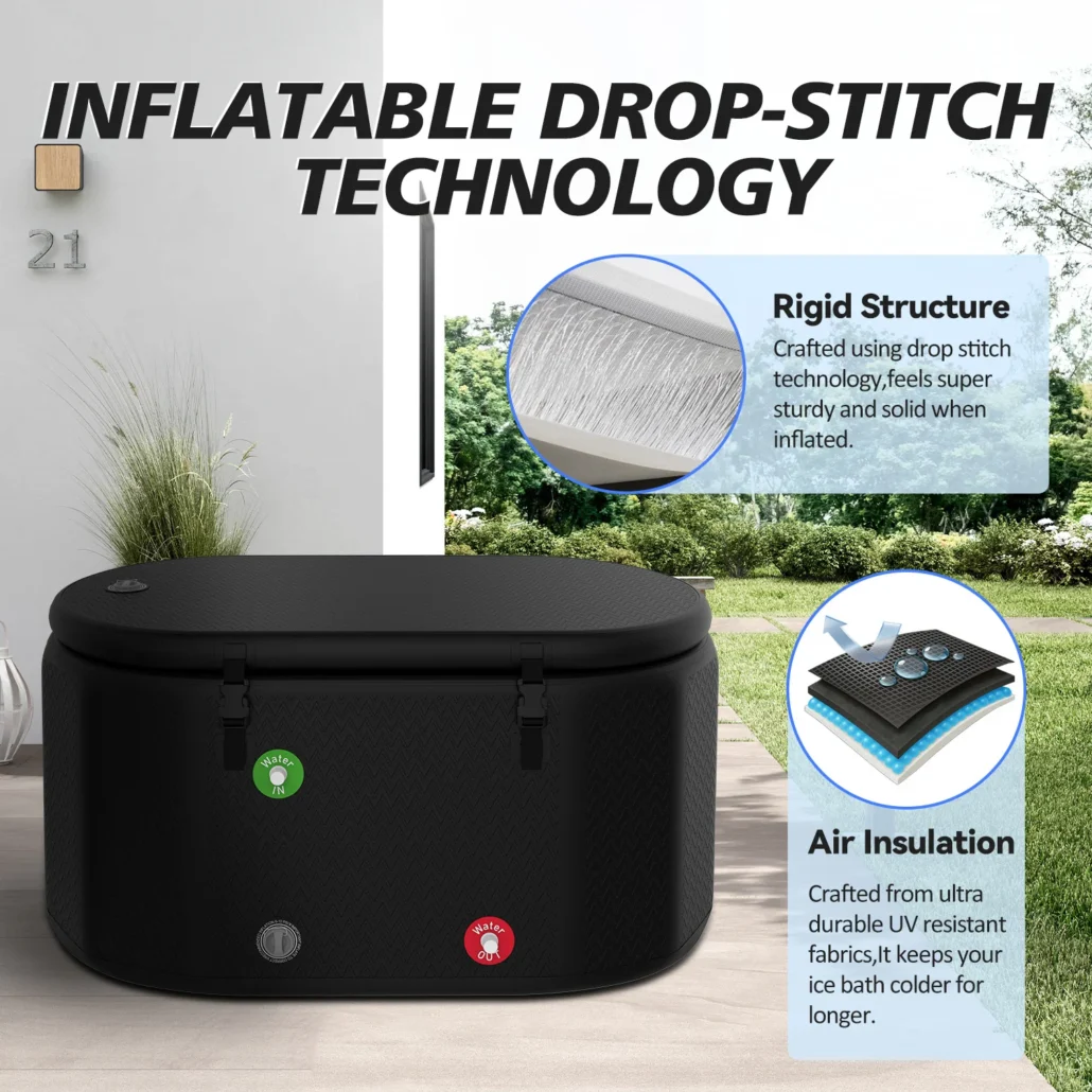 Black inflatable structure emphasizing drop-stitch technology for rigidity and air insulation durability, showcased outdoors.