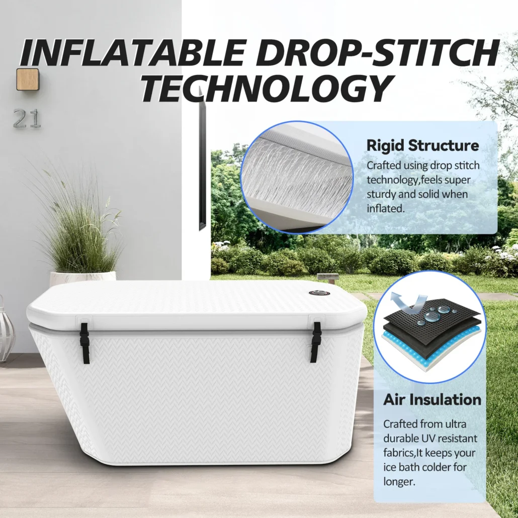 Inflatable tub featuring drop-stitch technology, showing rigid structure and air insulation in a modern outdoor setting.