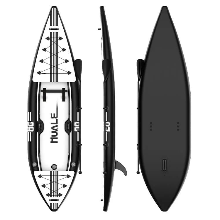 Black and white inflatable fishing kayak shown in top, side, and bottom views. Features include deck rigging and fins.