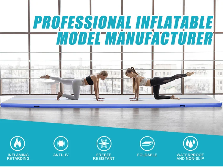 Two women exercising on a blue inflatable gymnastics mat in a sunlit room, showcasing features like anti-UV and waterproof design.