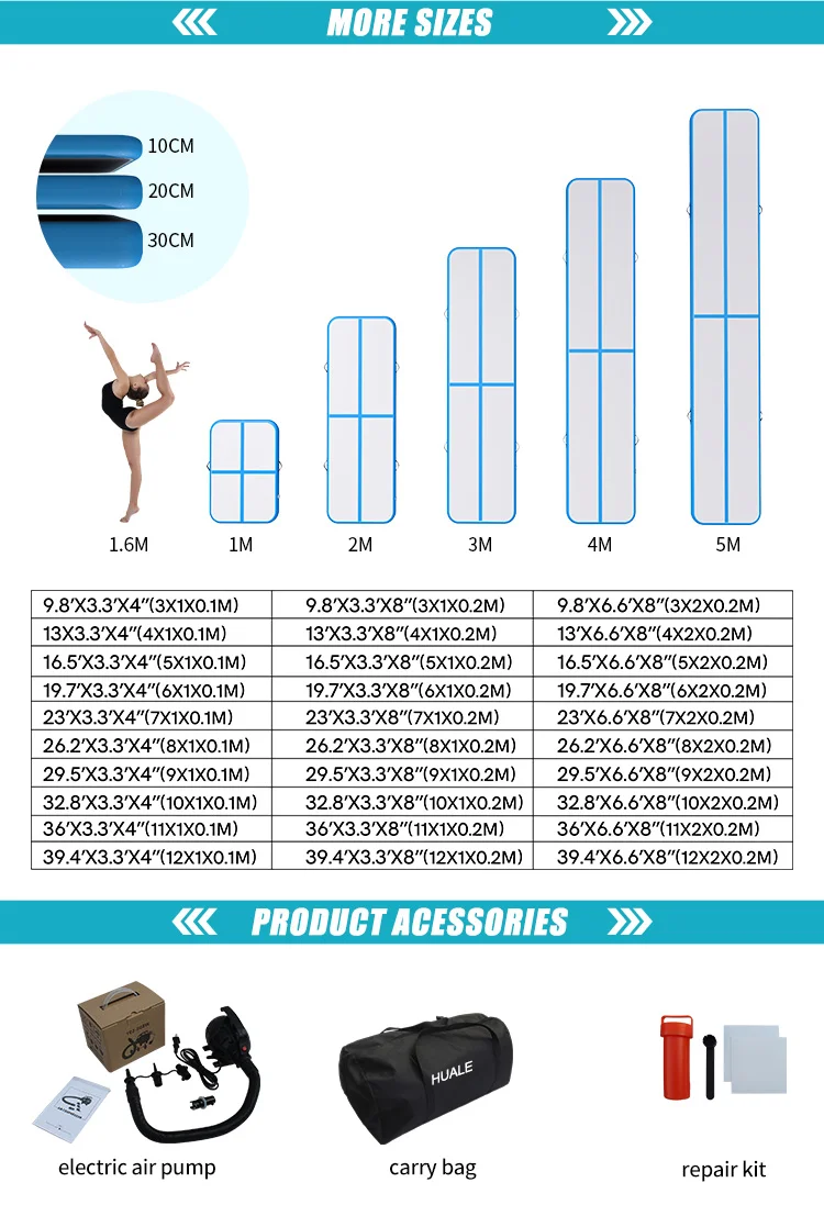 Comparison of inflatable gymnastics mat sizes with accompanying accessories including air pump, carry bag, and repair kit.