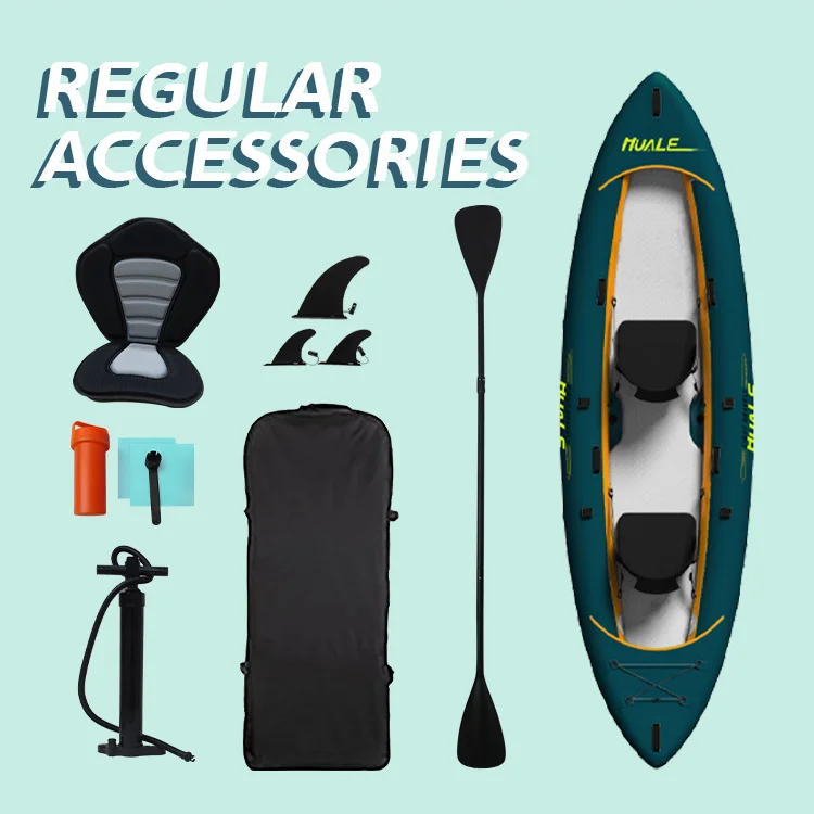 Inflatable kayak shown alongside included accessories like paddle, pump, fins, seat, backpack, and repair kit on light background.