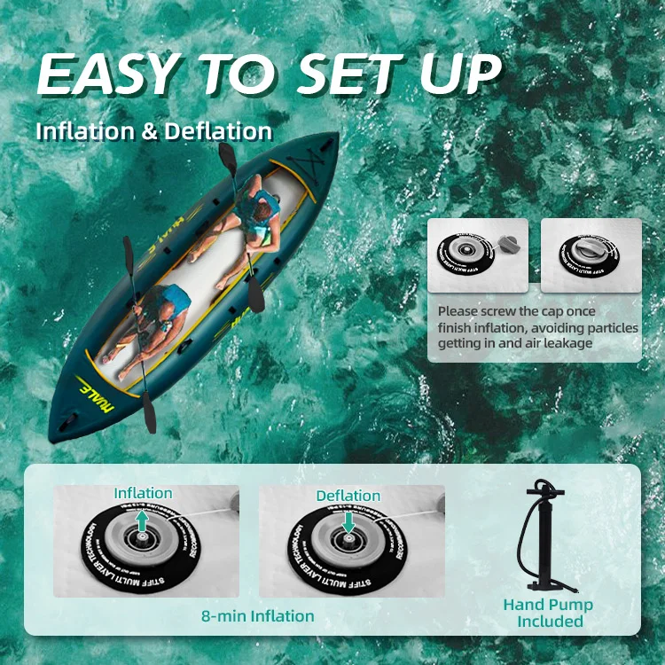 Top view of an inflatable kayak on water with two paddlers, featuring easy inflation and deflation system, and a hand pump.