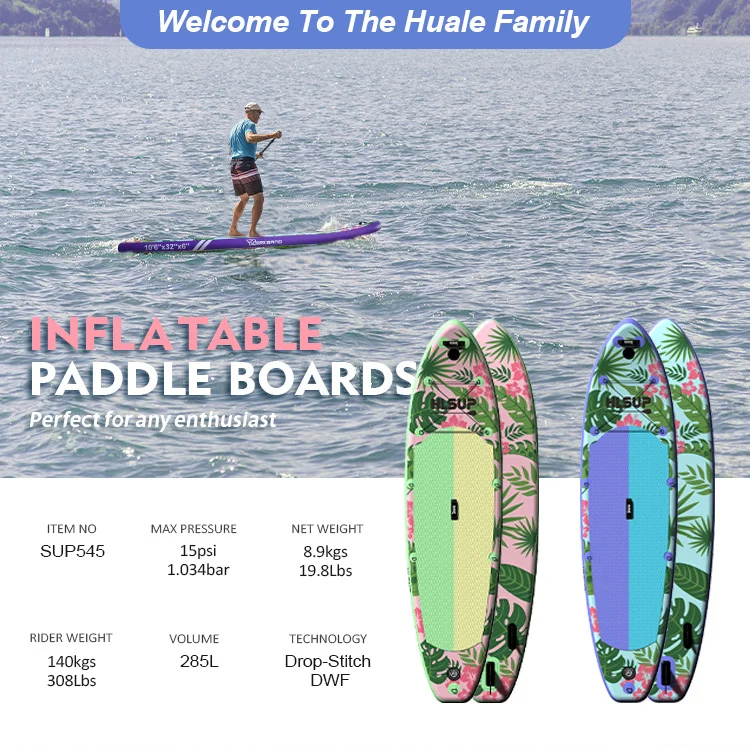 Promotional image featuring a person paddleboarding on a lake and two colorful inflatable paddle boards with product details.