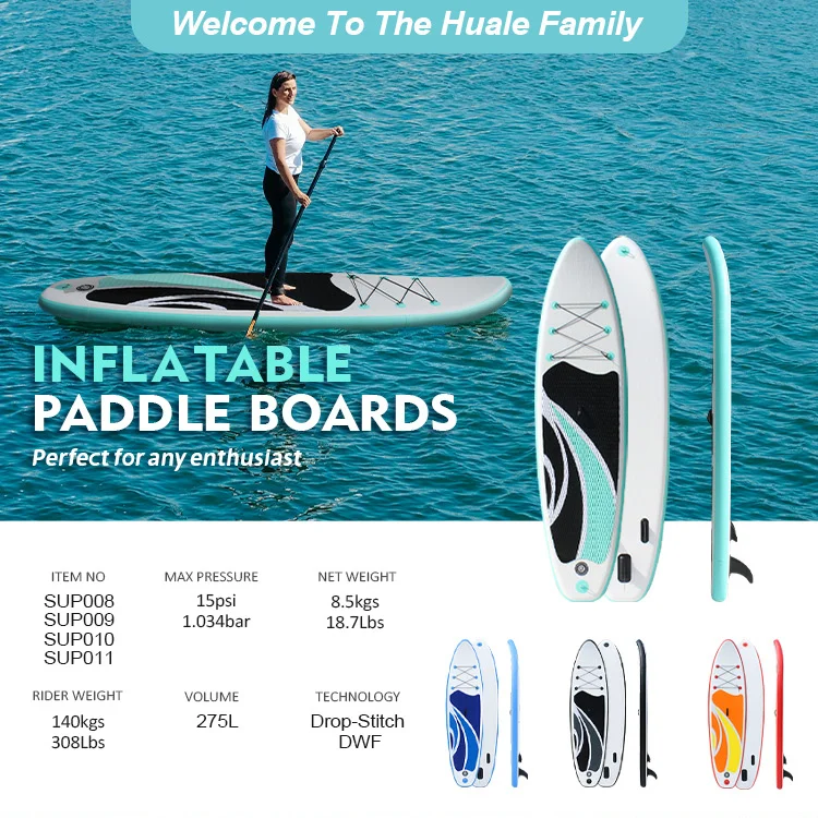 Woman paddling on an inflatable paddle board on water, with product models and specifications displayed for comparison.