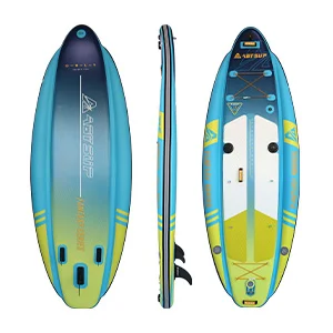 Inflatable paddleboard shown from top, bottom, and side views with vibrant blue and yellow design, fins, and details.