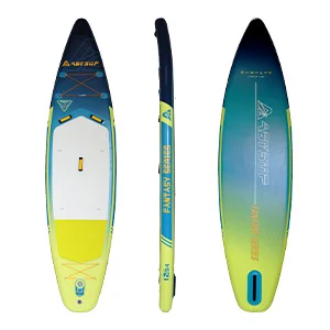 Three views of a colorful inflatable stand-up paddleboard, including the top, side, and bottom surfaces with vibrant graphics.