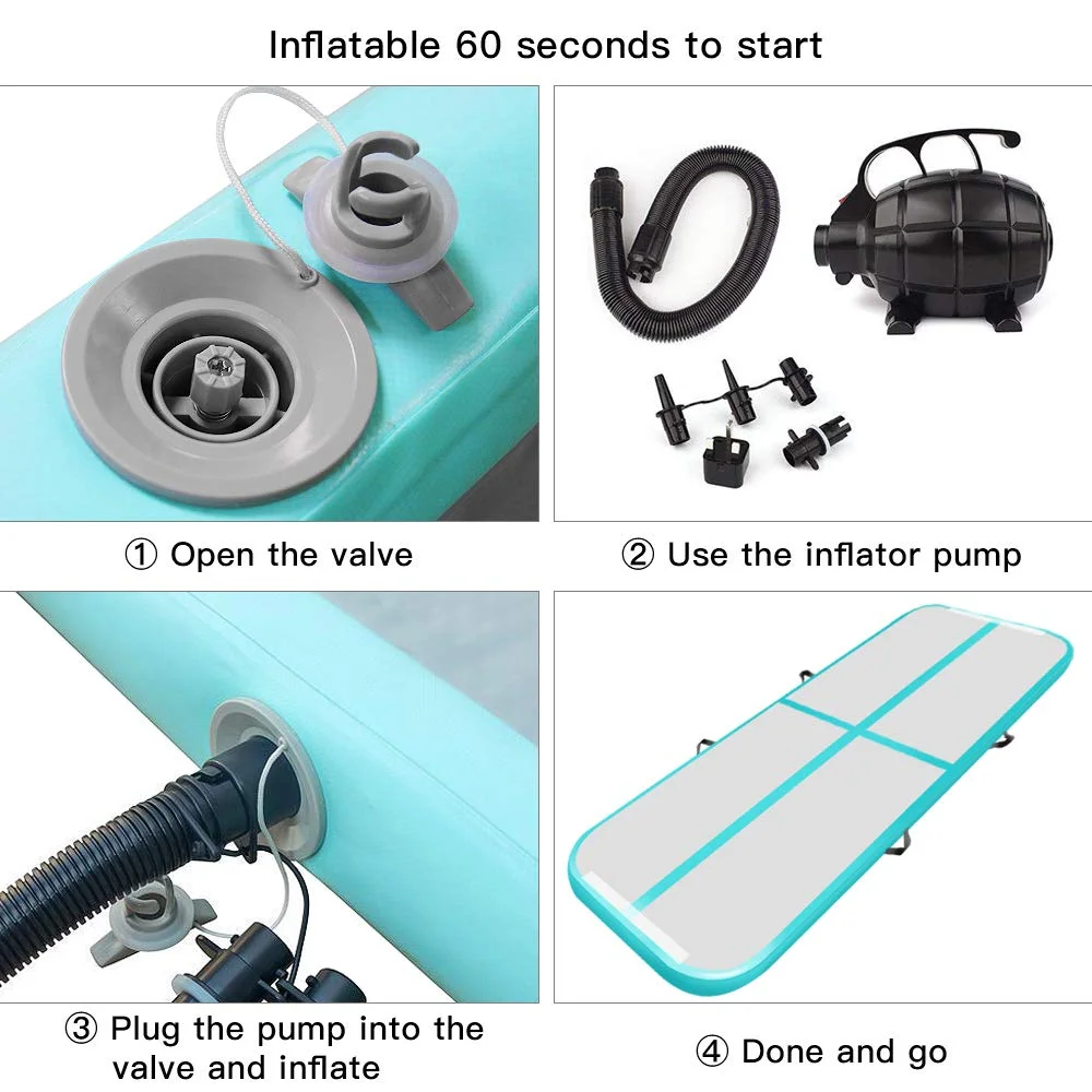 Step-by-step guide for inflating a product using a valve and inflator pump, showing components, connection, and final setup.