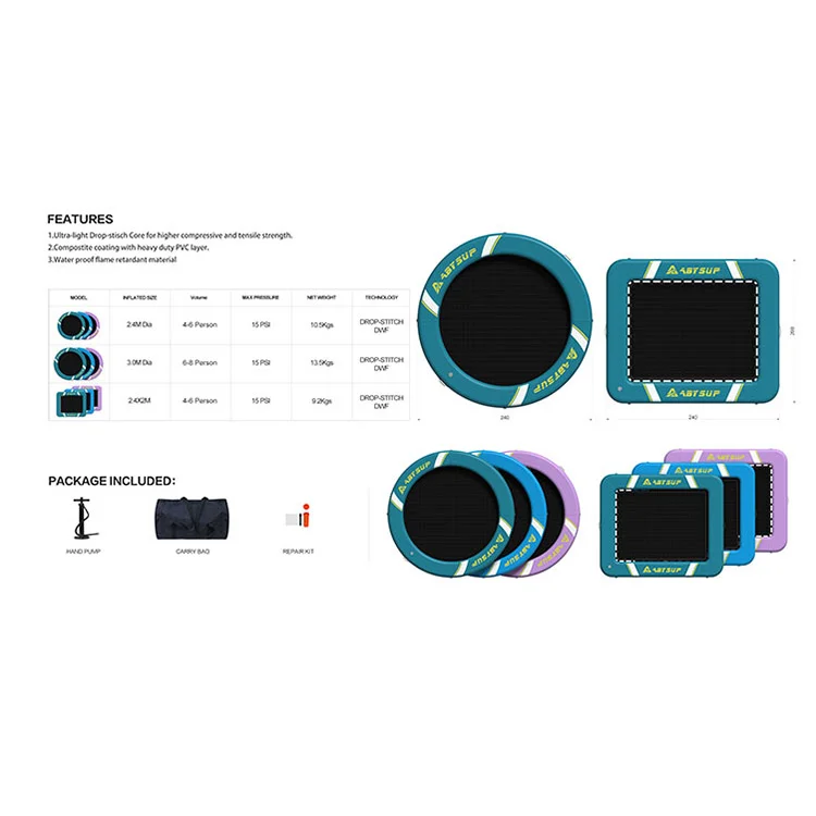 Specifications and images of inflatable water platforms, including sizes, features, and accessories such as a hand pump, carry bag, and repair kit.