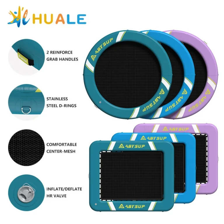 Various colorful inflatable water platforms with features like reinforced grab handles, stainless steel D-rings, center mesh, and an inflate/deflate valve.