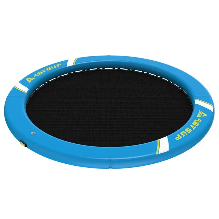 Blue inflatable water trampoline with black jumping surface and branded details, suitable for outdoor water activities.
