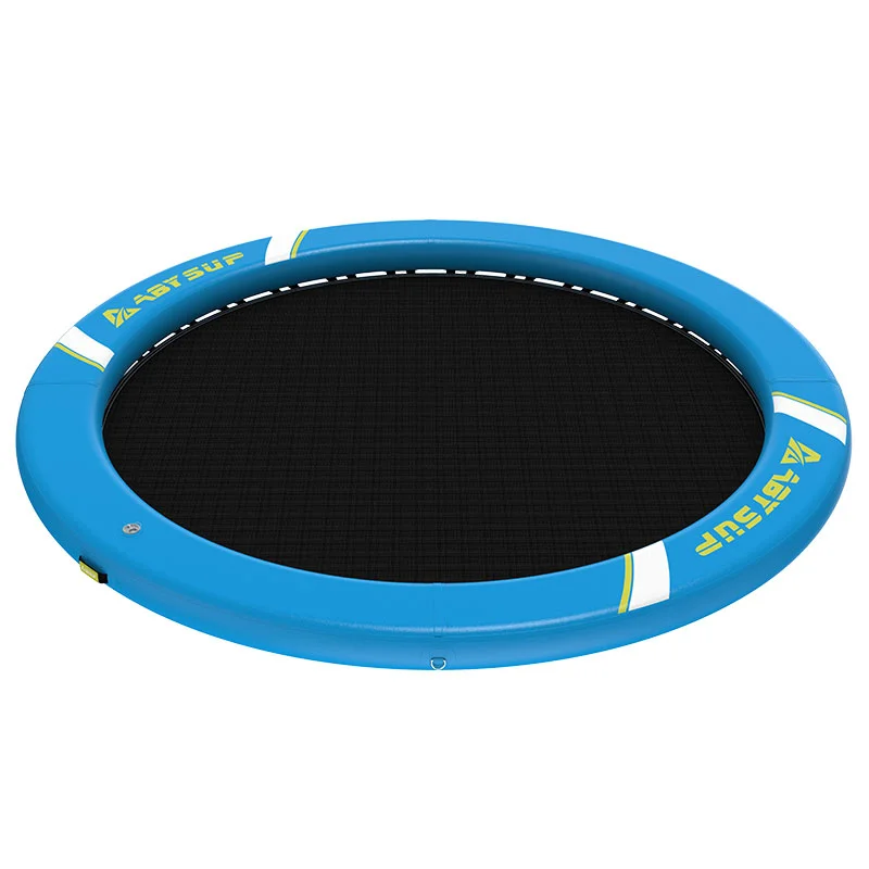 Blue inflatable water trampoline with black jumping surface and branded details, suitable for outdoor water activities.
