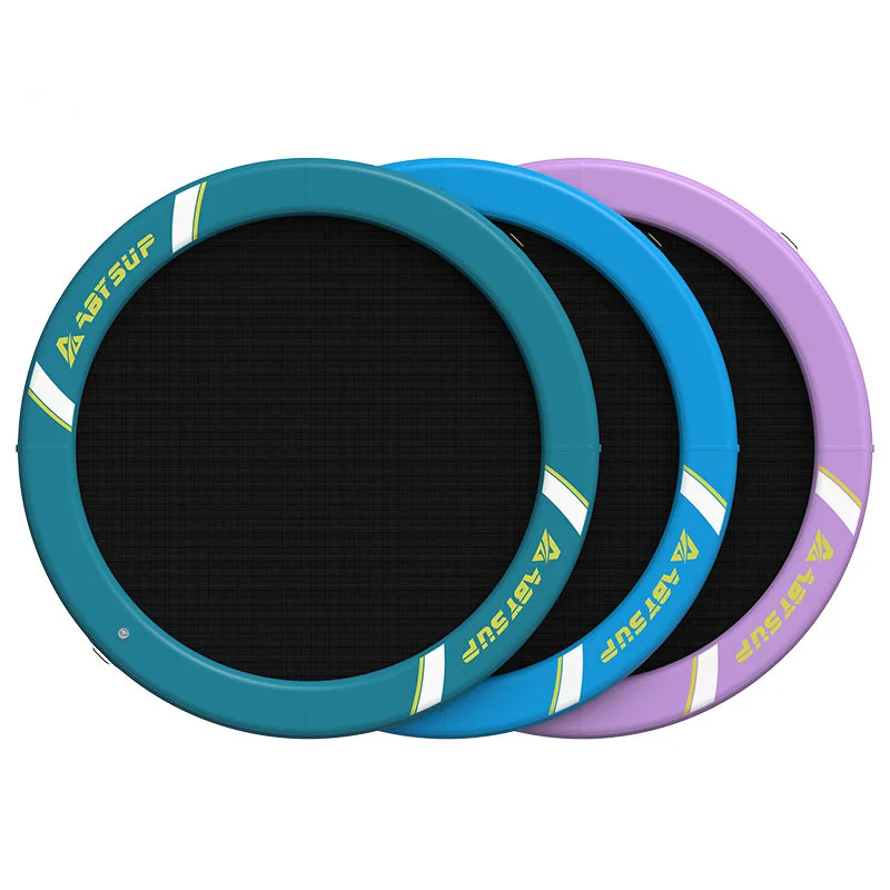 Three colorful inflatable water trampolines in teal, blue, and purple, stacked slightly overlapping.