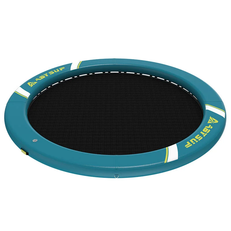 A round inflatable water trampoline with a teal frame and black jumping surface, designed for recreational water activities.