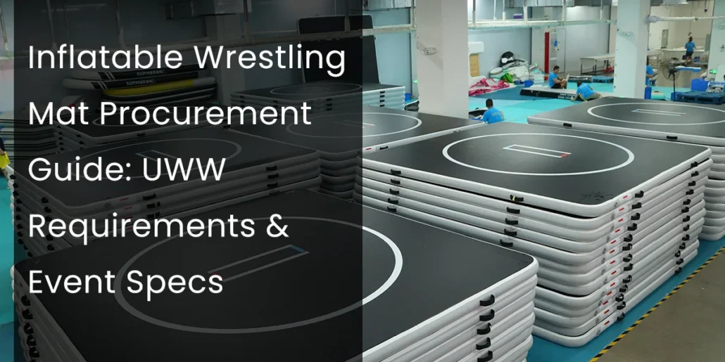 Stacks of black inflatable wrestling mats with circular markings in an indoor production or storage area; text overlay discussing UWW specs.