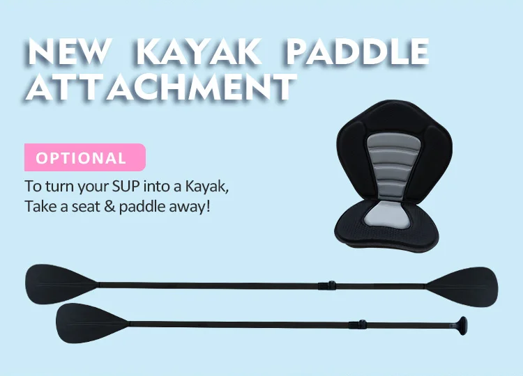 Kayak paddle attachment kit including a seat and paddle, designed to convert a SUP into a kayak for versatile water activities.