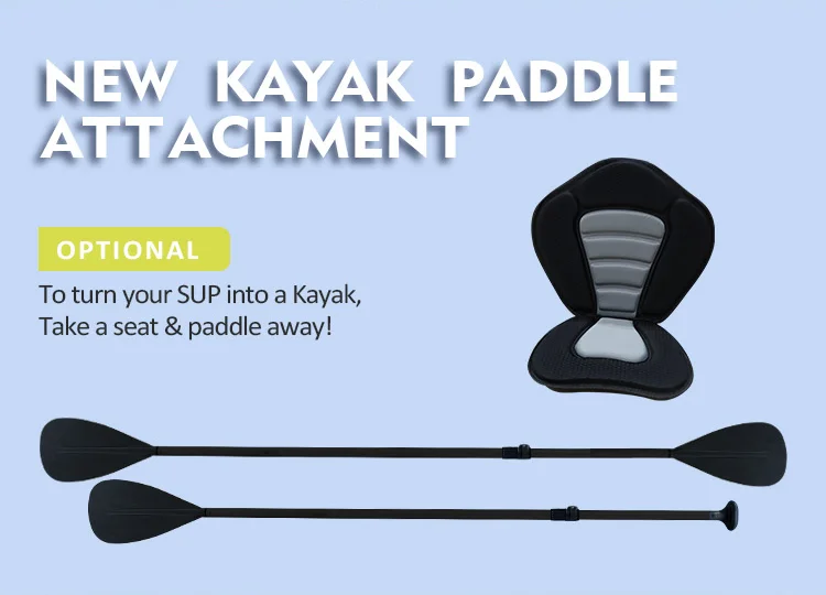 A new kayak paddle attachment with seat and dual paddles for converting a SUP into a kayak, displayed on a blue background.