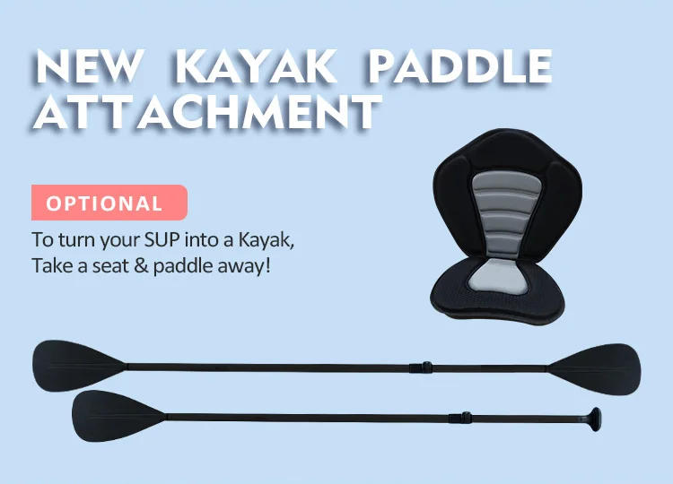 Optional kayak paddle attachment with seat, shown with two paddles on a blue background, promoting SUP-to-kayak conversion.
