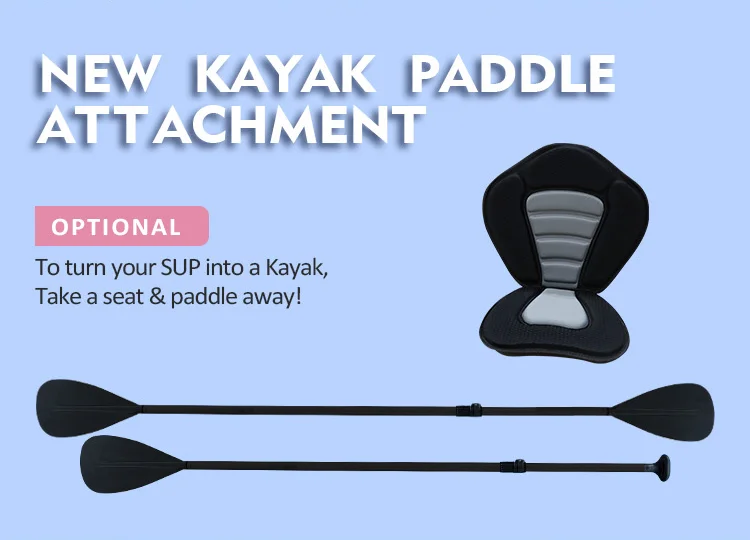Kayak paddle and seat attachment with text promoting its use to convert a SUP into a kayak. Paddle and seat shown on a light blue background.