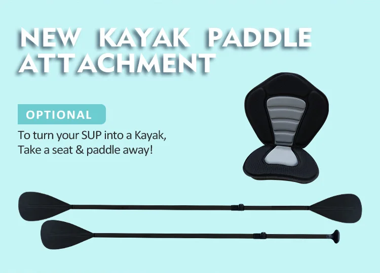 A kayak paddle attachment and cushioned seat, designed for converting a stand-up paddleboard (SUP) into a kayak.