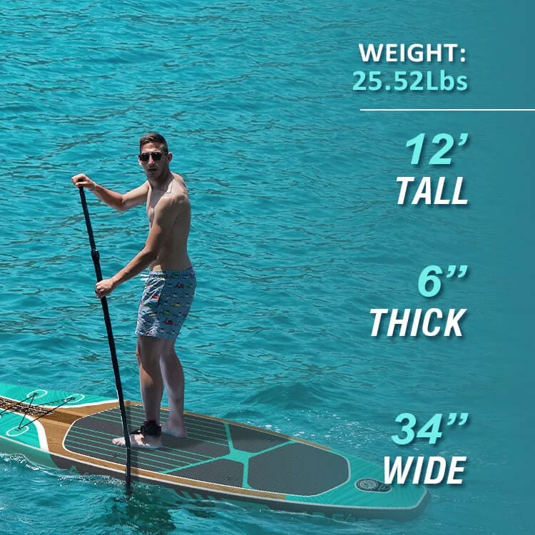 Man standing on a paddleboard in clear turquoise water. The board's dimensions are listed as 12' tall, 6'' thick, and 34'' wide, with a weight of 25.52 lbs.