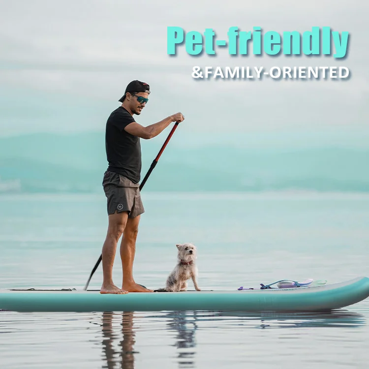 A man paddleboarding on calm waters with a small dog sitting on the board. The background features a serene, blue landscape.