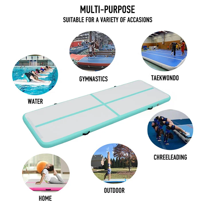 Inflatable gymnastics mat designed for multiple activities including gymnastics, cheerleading, taekwondo, water exercises, and home use.