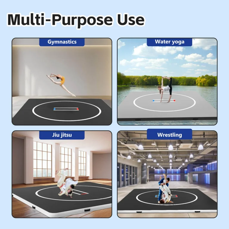 Collage showcasing a multi-purpose mat used for gymnastics, water yoga, jiu jitsu, and wrestling in diverse environments.