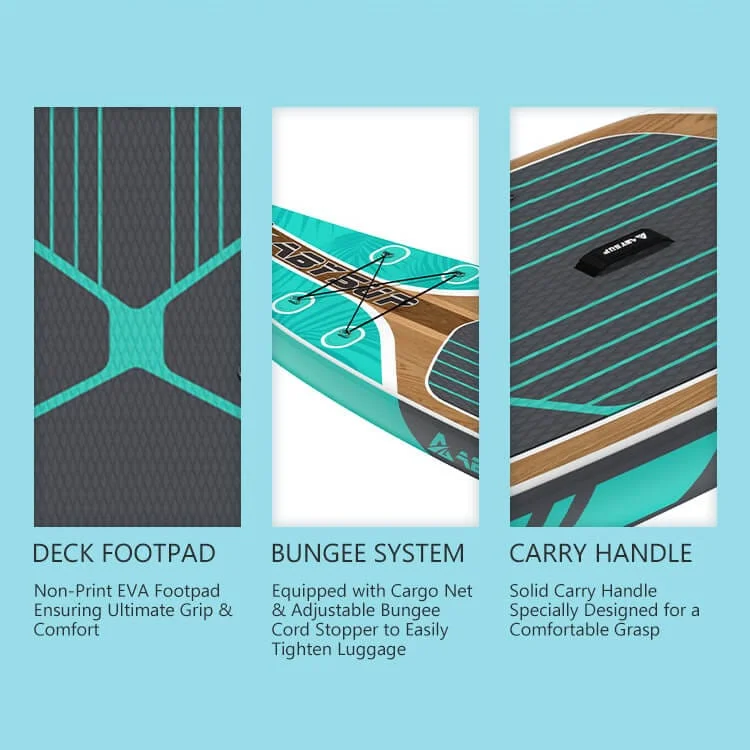 Illustration showing a paddleboard's deck footpad, adjustable bungee system, and comfortable carry handle on a light blue background.