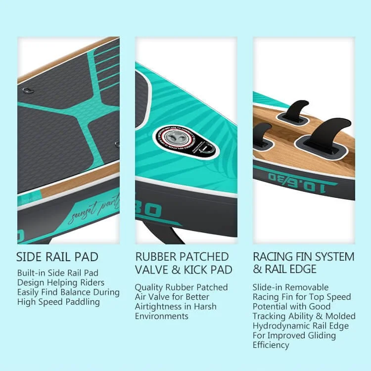 Close-up of paddleboard features including side rail pad, rubber patched valve, kick pad, and racing fin system.