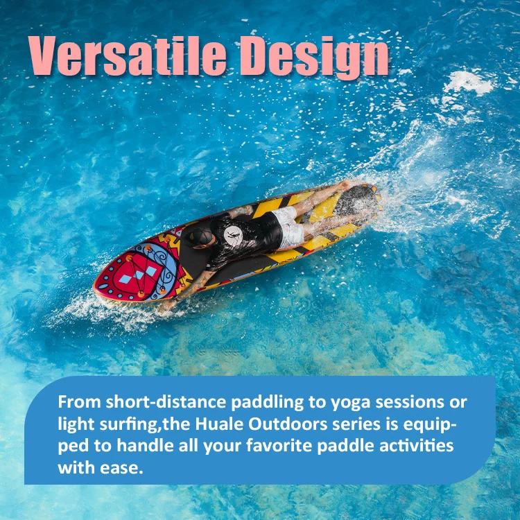 Person paddleboarding on vibrant blue tropical water with a colorful paddleboard and the text 'Versatile Design'.
