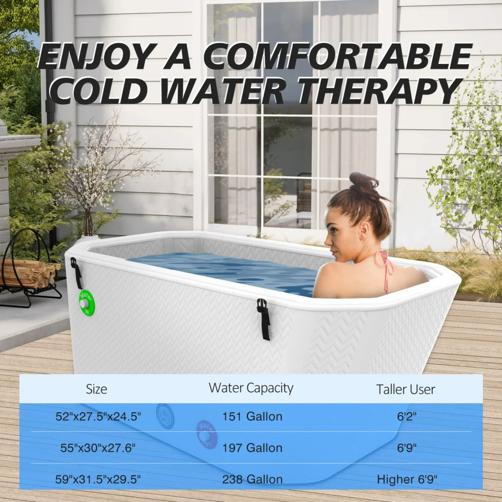Woman sitting in a portable cold water therapy tub in an outdoor setting with house backdrop; features dimensions and water capacity chart.
