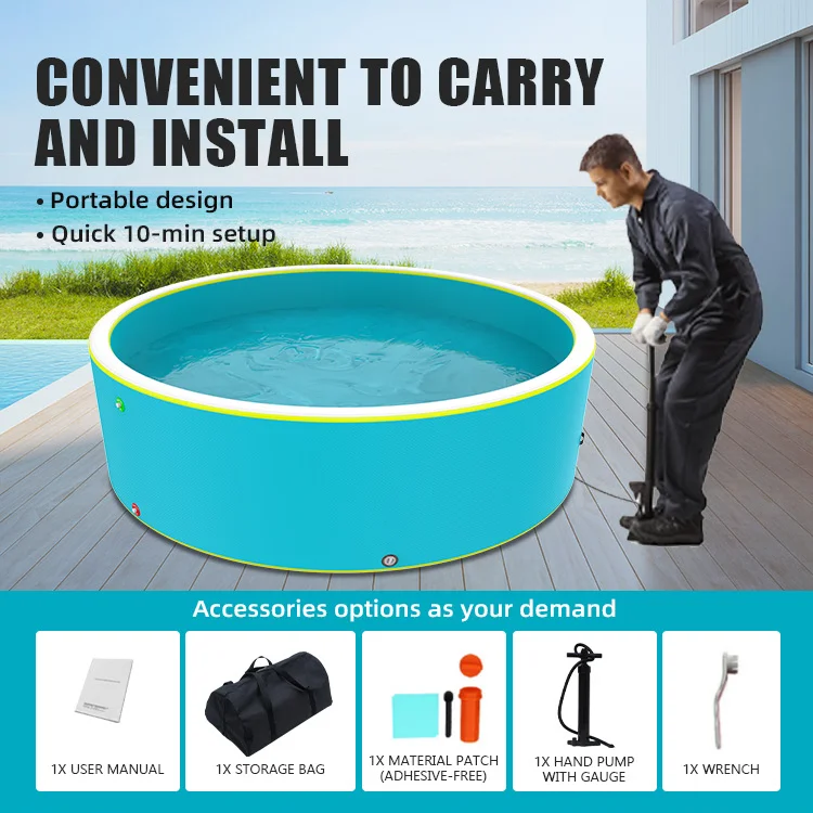 A man inflating a portable blue round pool with a hand pump on a wooden deck near a scenic outdoor view. Accessories are displayed below.