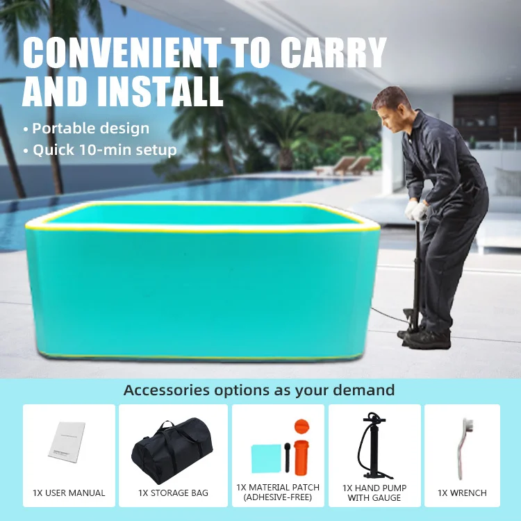 A man using a hand pump to inflate a portable pool near a modern poolside patio. Accessories like a user manual, storage bag, and tools are shown below.