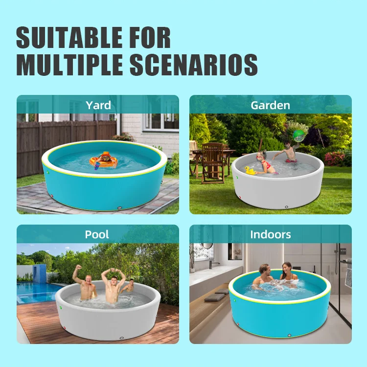 Collage showing a portable pool used in various settings: yard, garden, poolside, and indoors, highlighting its versatility.