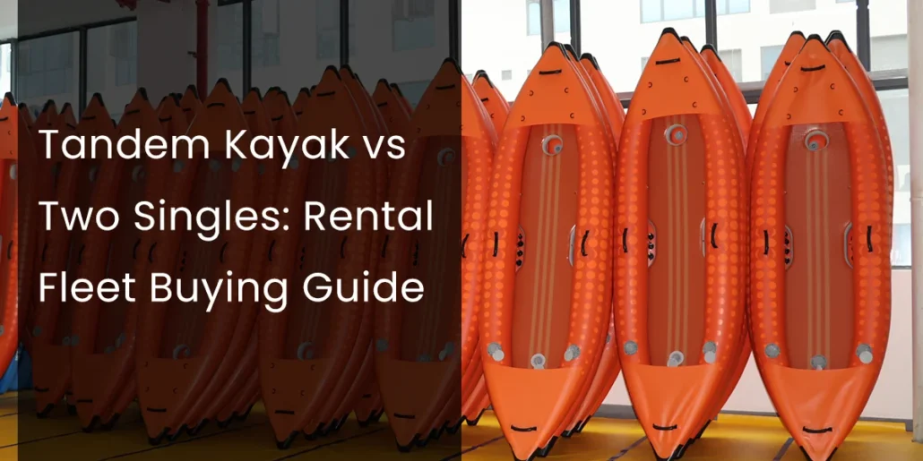A row of bright orange tandem kayaks displayed indoors, illustrating a comparison of tandem kayaks and single kayaks for rental fleet purchases.
