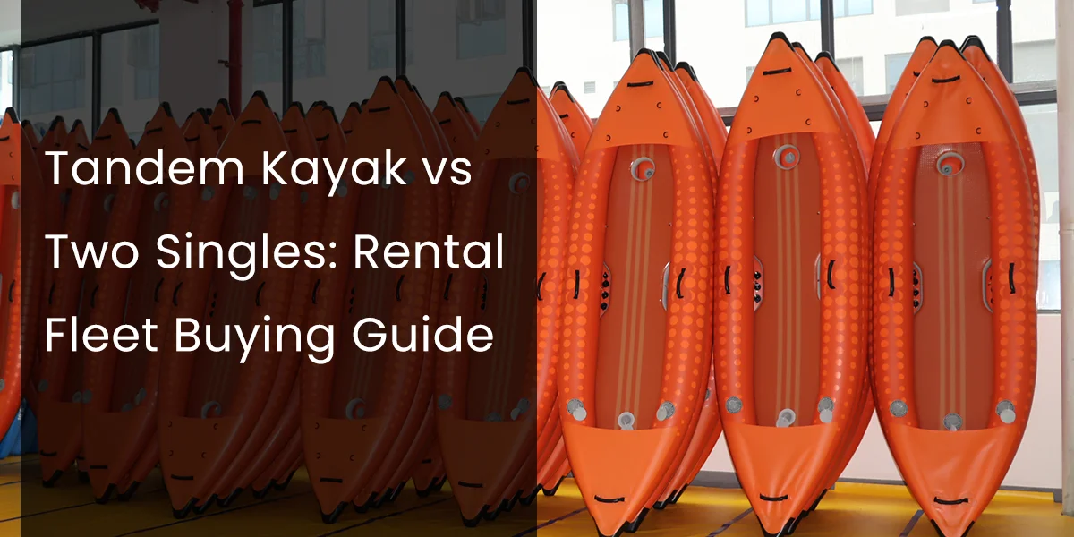 A row of bright orange tandem kayaks displayed indoors, illustrating a comparison of tandem kayaks and single kayaks for rental fleet purchases.
