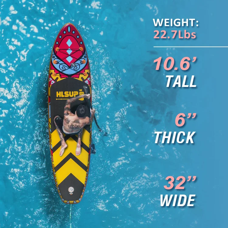 Top view of a colorful paddleboard on blue water with dimensions (10.6' tall, 6'' thick, 32'' wide) highlighted alongside its weight (22.7 lbs).