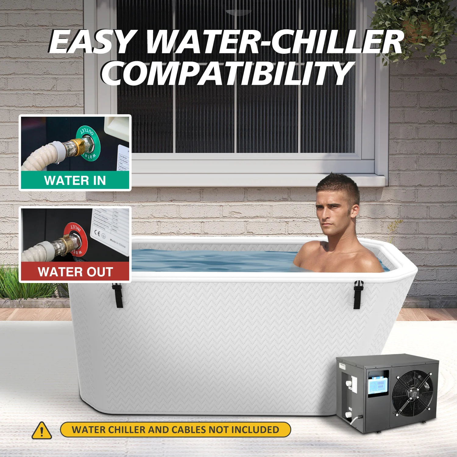 Man sitting in a portable bath tub filled with water outdoors, showing water-chiller compatibility with labeled inlets and outlets.
