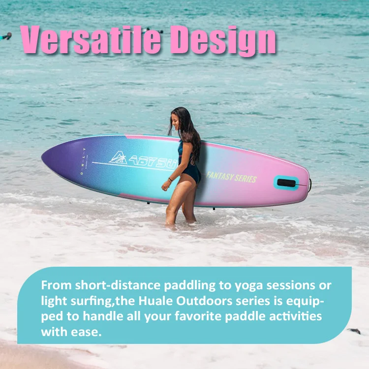A woman in a black swimsuit holding a colorful paddleboard labeled 'Fantasy Series' on a beach, with a banner reading 'Versatile Design'.