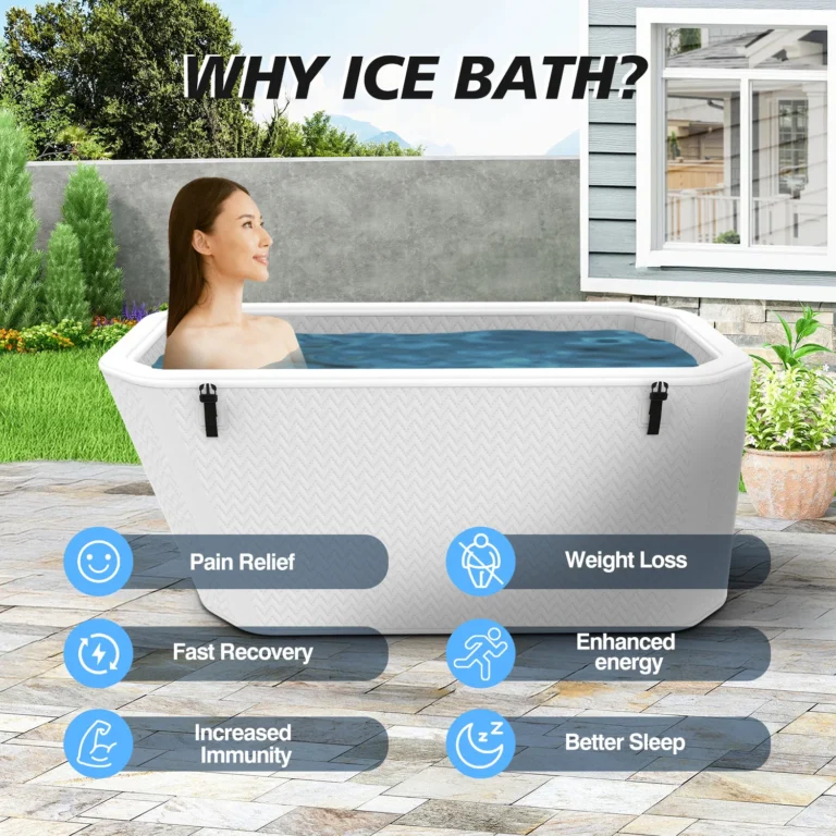 Woman sitting in an ice bath outdoors in a white tub, with text listing benefits like pain relief, weight loss, fast recovery, enhanced energy, increased immunity, and better sleep.