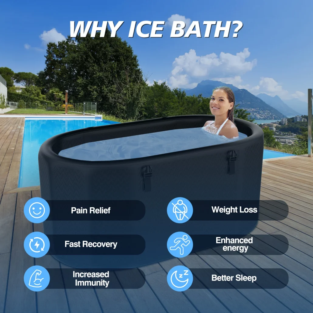 A woman sitting in an ice bath outdoors near a pool, with benefits of ice baths like pain relief and better sleep shown in text.