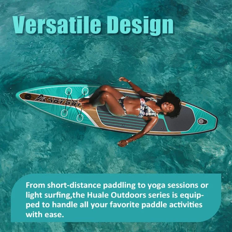 Woman lying on a paddleboard in clear blue water, showcasing the paddleboard's versatility with text promoting outdoor activities.