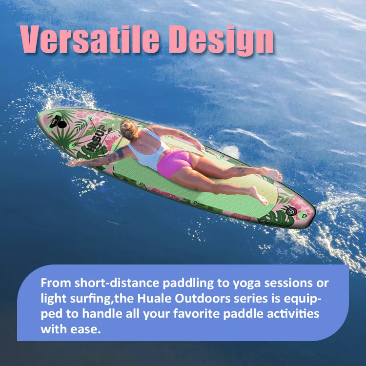 A woman in pink and white swimwear lying on a floral pink and green paddleboard on calm blue water, with a bold text reading 'Versatile Design'.